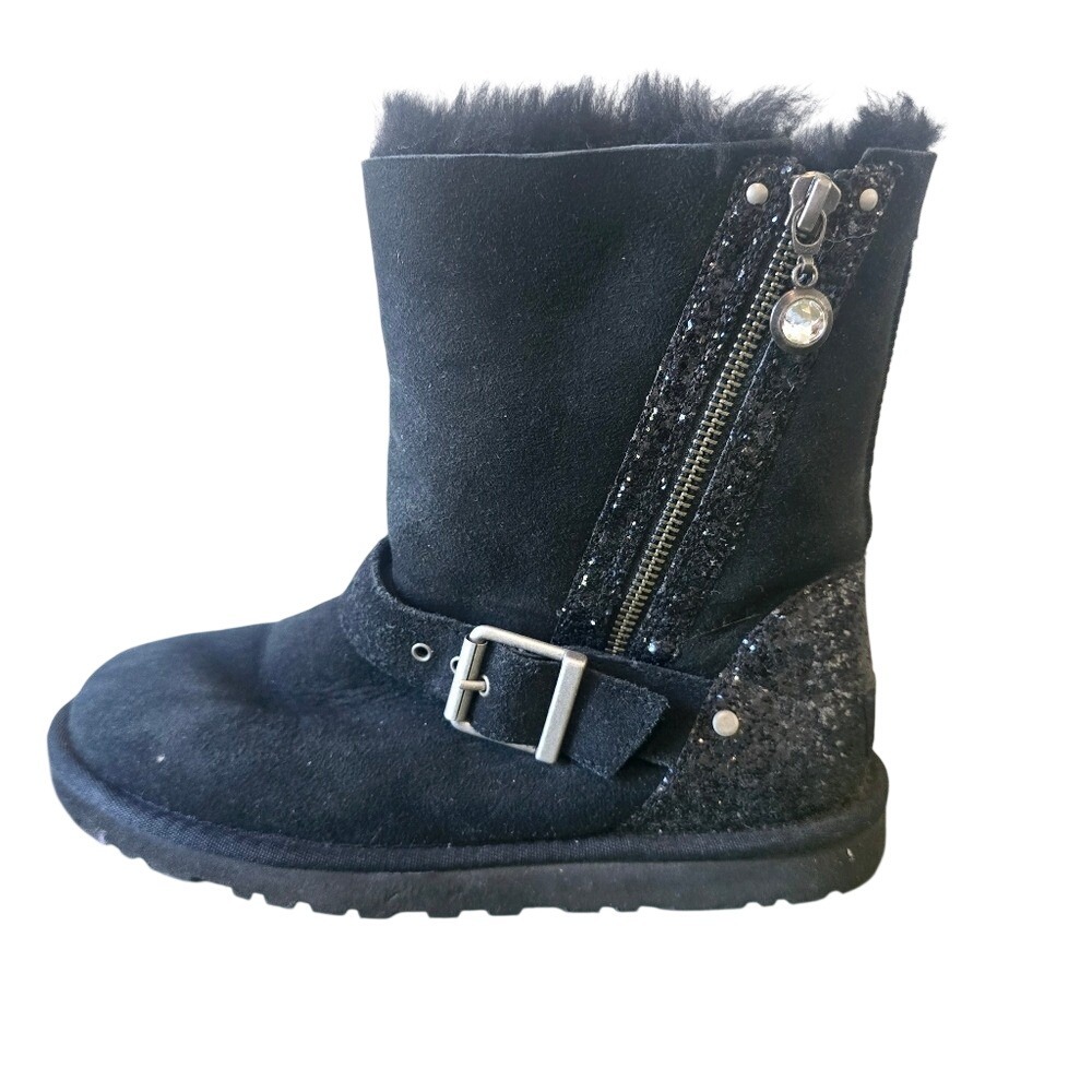 UGG Australia Women Black Suede Glitter‎ Buckle Shearling Boots 1004271 Size 6